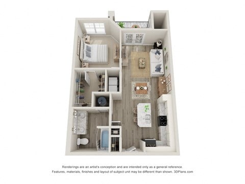 Floor plan for 1 bed, 1 bath, 722 sqft